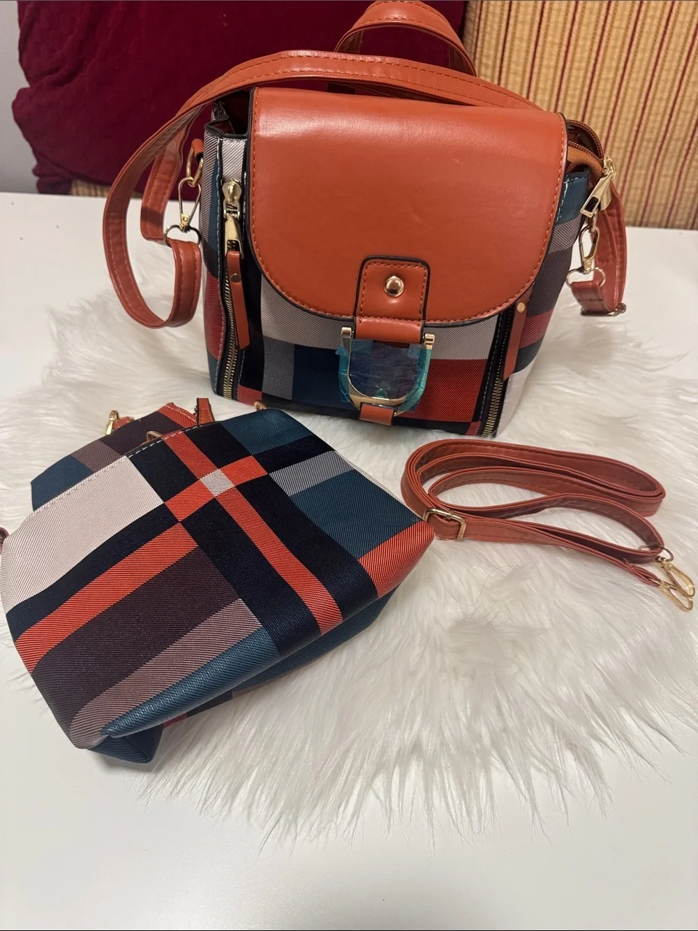 Women’s Tan Plaid Crossbody Bag with Gold Accent